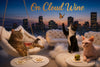 Three cats lounging on cloud cushions sipping wine spritzes against a city skyline on a gleaming Metal Print