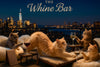 Four cats at a rooftop lounge sipping white and red wine glasses under a “The Whine Bar” sign on a Metal Print