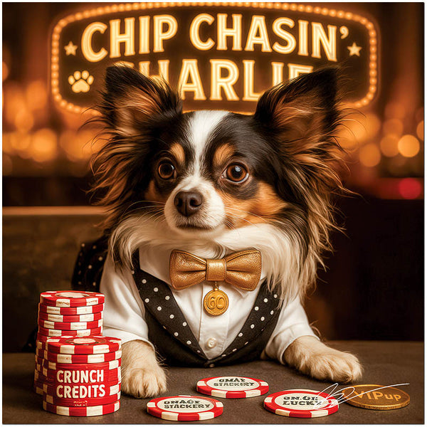 Papillon dog artwork titled Chip Chasin' Charlie on metal print showcasing a sophisticated casino poker setting