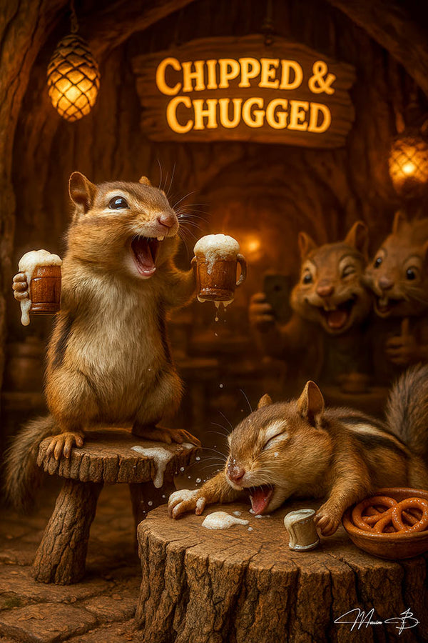 Two chipmunks toasting frothy ale mugs inside a tree‐hollow bar, one passed out on a wooden stump next to a pretzel, with warm lantern light