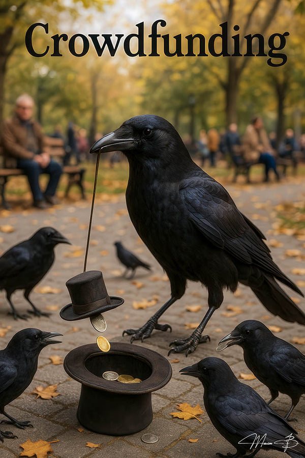 Crowdfunding humorous crows collecting coins funny animal metal print
