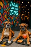 Two boxers outside a colorful bar mural, one with a spilled mimosa and the other with toast and a pink cocktail under a neon “Hair of the Dog” sign