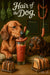 Two dachshunds with a Bloody Mary garnished with sausage and celery, toast racks, and hanging sausages under a “Hair of the Dog” sign