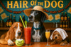 Three dogs at a bar counter sipping cocktails under a “Hair Of The Dog II” sign on Metal Print