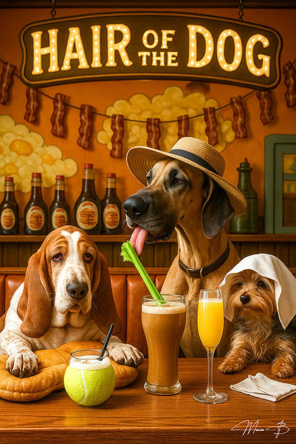 Basset hound, Great Dane and terrier drinking cocktails under a “Hair Of The Dog” sign in a retro diner bar on Metal Print