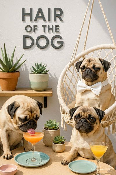 Pugs at cocktail bar Hair of the Dog metal print for home bar decor