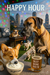 Dogs enjoying drinks at rooftop happy hour with city lights and party vibe – humorous metal artwork for home bar or lounge