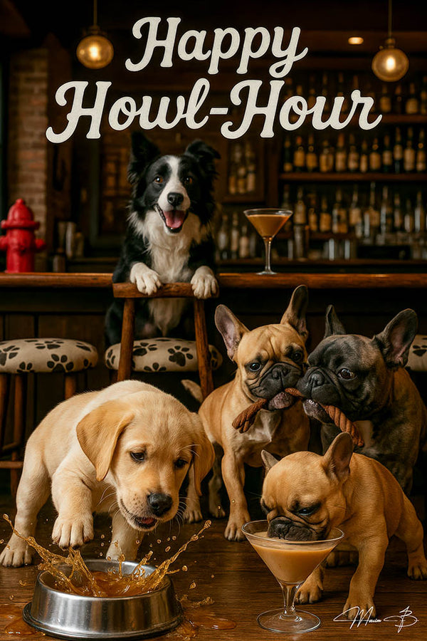 Dogs in a bar setting with drinks, chew sticks, and a “Happy Howl-Hour” sign, including a Border Collie, Labrador, and French Bulldogs