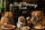 Three bulldogs at breakfast with bacon, coffee, and eggs under “The Ruff Morning Club” sign