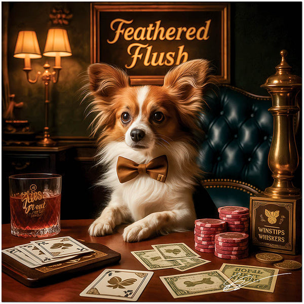 Feathered Flush metal print featuring a Papillon dog elegantly seated at a vintage poker table with cocktail and poker chips