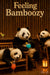 Three pandas lounging in a bamboo bar at sunset, each sipping a colorful cocktail under woven lanterns and bamboo walls