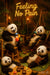 Four pandas relaxing in a bamboo bar setting under a neon “Feeling No Pain” sign, each with colorful tropical cocktails and one reading a book on a leafy mat