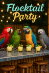 Colorful parrots drinking tropical cocktails at a tiki bar artwork
