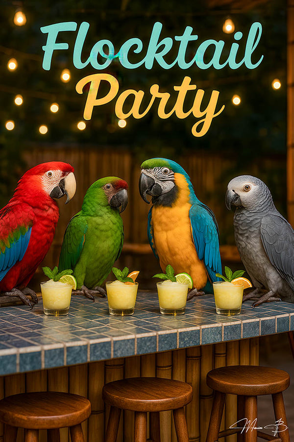 Colorful parrots drinking tropical cocktails at a tiki bar artwork