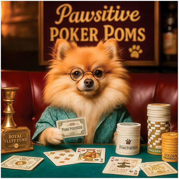 Fluffy Flush metal print featuring an elegant Pomeranian dog wearing glasses at a vintage poker table with poker chips and playing cards