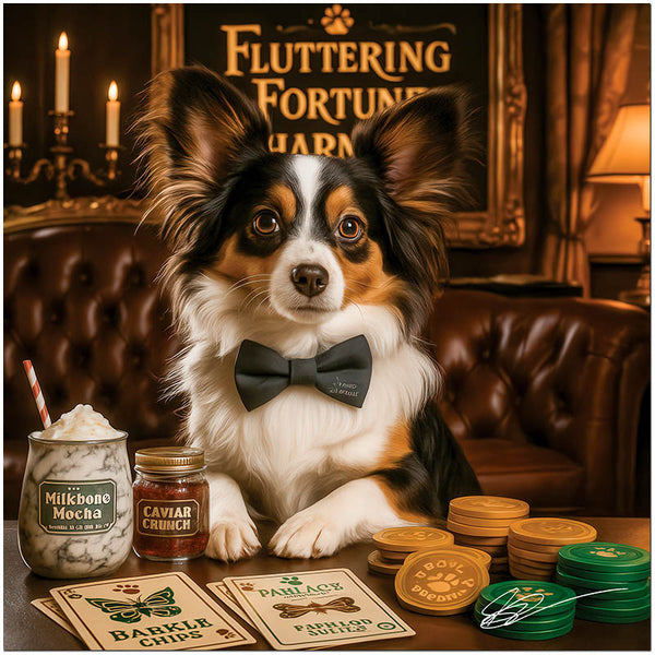Fluttering Fortune Charmers Papillon dog artwork on metal print in an upscale casino setting