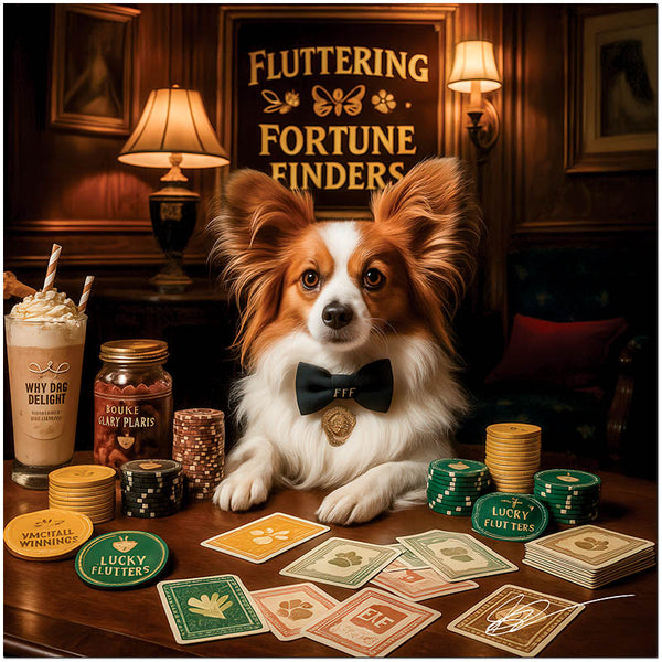 Fluttering Fortune Finders Papillon dog metal print in a refined casino and bar setting