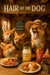 Foxes enjoying a cozy brunch with cocktails, biscuits, and bacon under a sign that reads Hair Of The Dog – humorous rustic wall art in a cabin setting