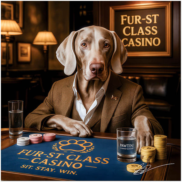weimaraner in suit at blue-felt casino table with yellow chip stacks and Pawtini glass under a Fur-st Class Casino sign