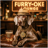 weimaraner wearing a fedora and gold chain at a bar holding a glass of Sniffin’ Spirits under a neon Furry-oke Lounge sign