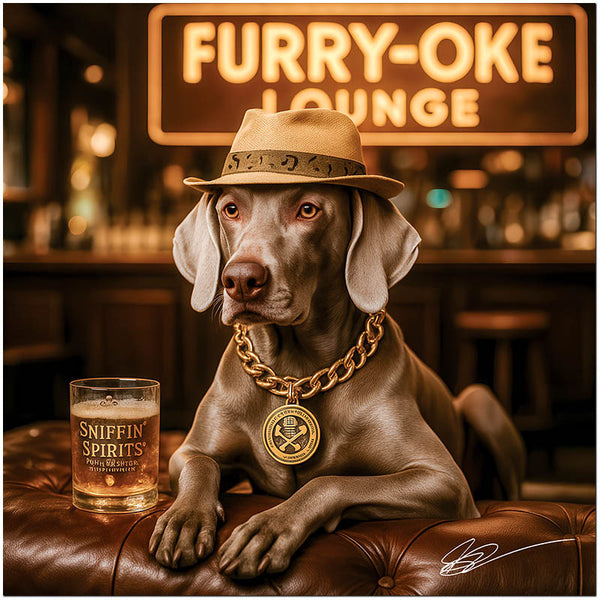 weimaraner wearing a fedora and gold chain at a bar holding a glass of Sniffin’ Spirits under a neon Furry-oke Lounge sign