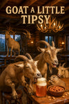 Four goats in a log-cabin bar clinking mason-jar beers and nibbling pretzels under an antler chandelier