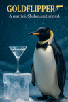Sophisticated penguin wearing bow tie next to martini on ice pedestal artwork titled Goldflipper - A martini Shaken not stirred