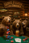 Playful bears at a poker table sipping drinks and causing trouble, featured in Gone Fishin'... For Trouble artwork