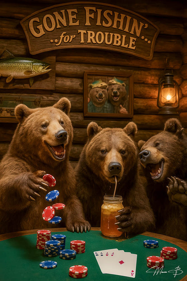 Playful bears at a poker table sipping drinks and causing trouble, featured in Gone Fishin'... For Trouble artwork