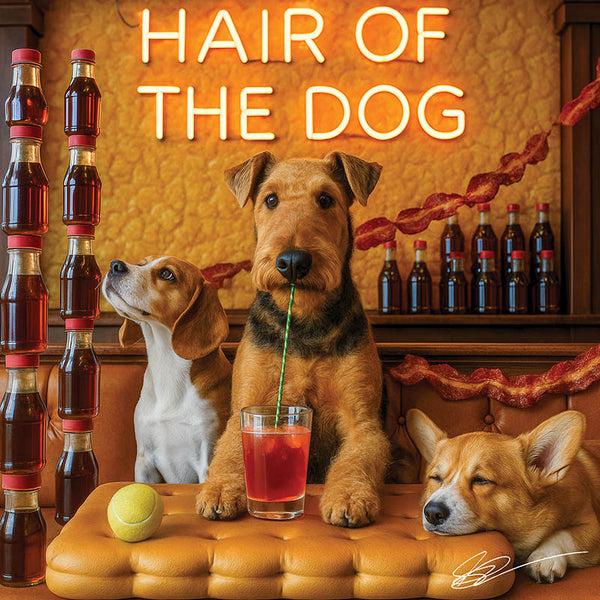 Hair of the Dog Airedale Terrier 001 Ruff & Ready Funny Canine Art neon lights, bacon-woven flair, and egg murals