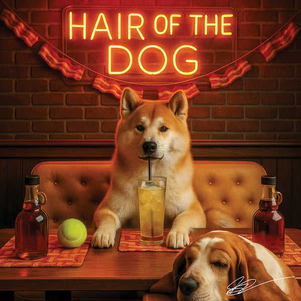 Hair of the Dog Akita 003 Ruff & Ready Funny Canine Art neon lights, bacon-woven flair, and egg murals