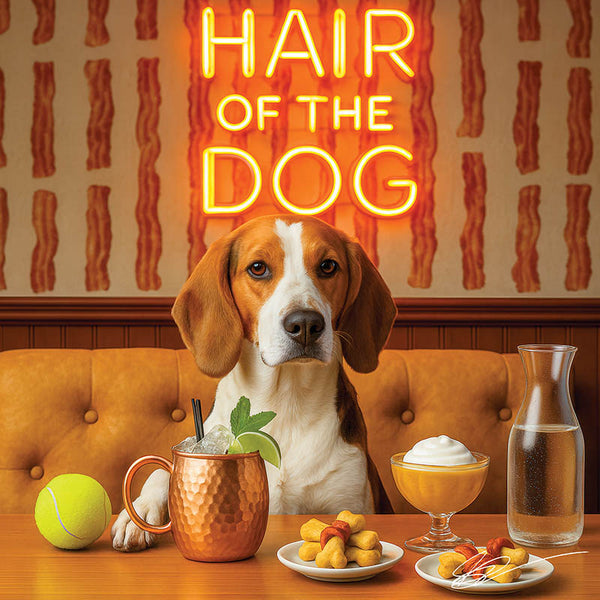 Hair of the Dog American Foxhound 008 Ruff & Ready Funny Canine Art neon lights, bacon-woven flair, and egg murals