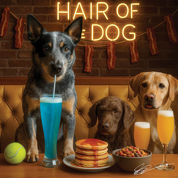 Hair of the Dog Australian Cattle Dog 001 Ruff & Ready Funny Canine Art neon lights, bacon-woven flair, and egg murals