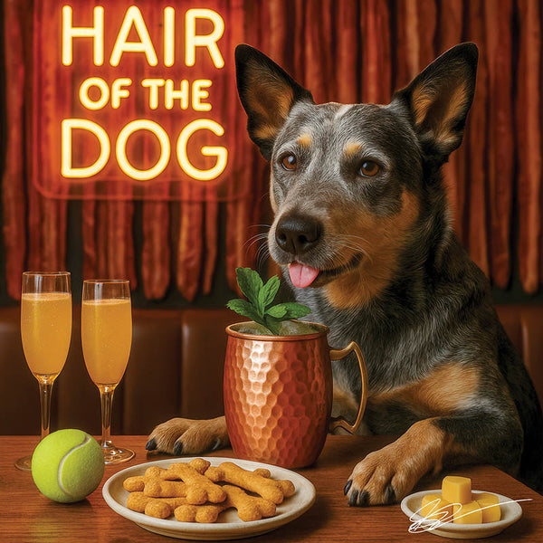 Hair of the Dog Australian Cattle Dog 005 Ruff & Ready Funny Canine Art neon lights, bacon-woven flair, and egg murals