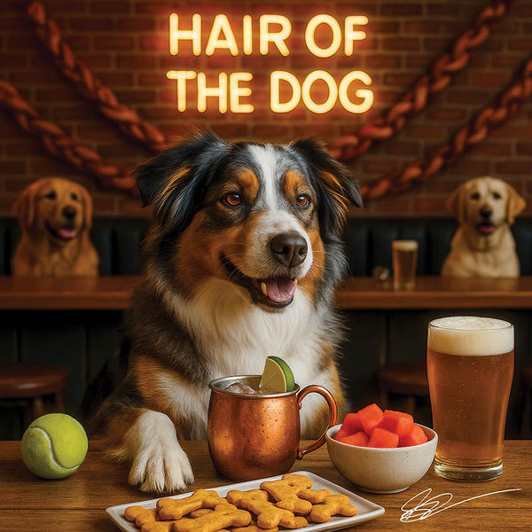 Hair of the Dog Australian Shepherd 005 Ruff & Ready Funny Canine Art neon lights, bacon-woven flair, and egg murals