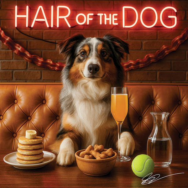 Hair of the Dog Australian Shepherd 006 Ruff & Ready Funny Canine Art neon lights, bacon-woven flair, and egg murals