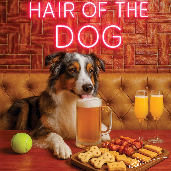 Hair of the Dog Australian Shepherd 007 Ruff & Ready Funny Canine Art neon lights, bacon-woven flair, and egg murals