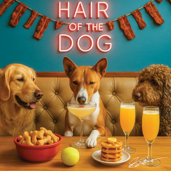 Hair of the Dog Basenji 004 Ruff & Ready Funny Canine Art neon lights, bacon-woven flair, and egg murals