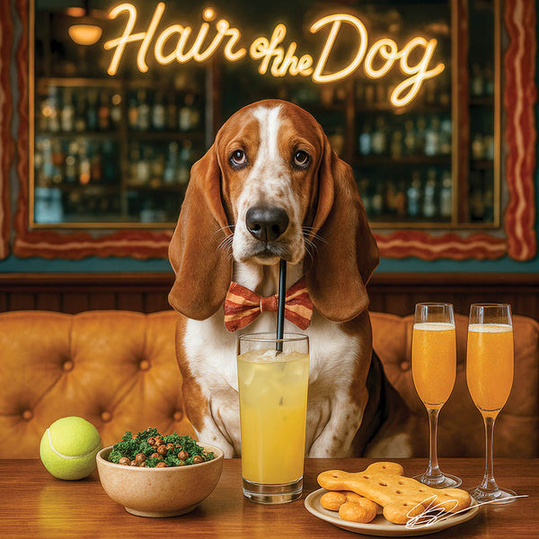 Hair of the Dog Basset Hound 001 Ruff & Ready Funny Canine Art neon lights, bacon-woven flair, and egg murals