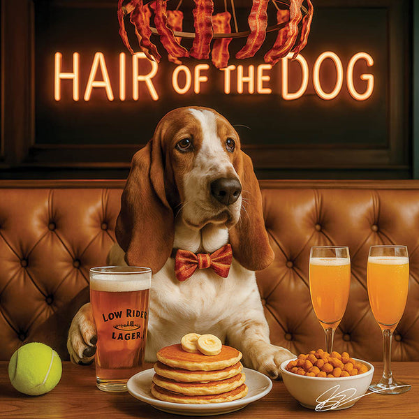 Hair of the Dog Basset Hound 002 Ruff & Ready Funny Canine Art neon lights, bacon-woven flair, and egg murals