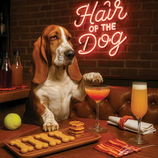 Hair of the Dog Basset Hound 003 Ruff & Ready Funny Canine Art neon lights, bacon-woven flair, and egg murals