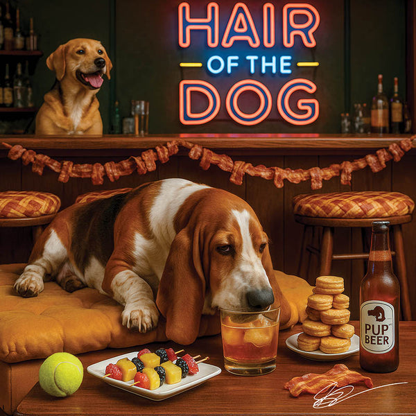 Hair of the Dog Basset Hound 005 Ruff & Ready Funny Canine Art neon lights, bacon-woven flair, and egg murals