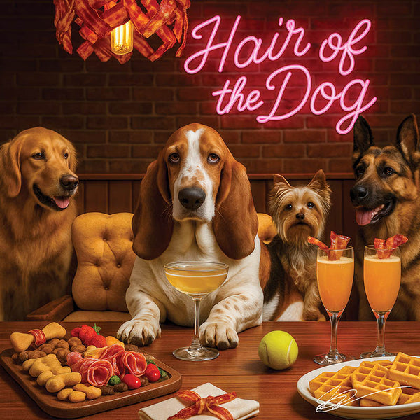 Hair of the Dog Basset Hound 011 Ruff & Ready Funny Canine Art neon lights, bacon-woven flair, and egg murals