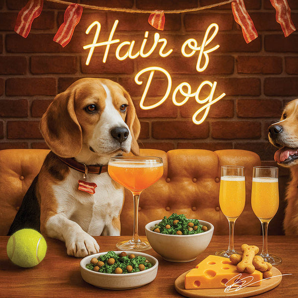 Hair of the Dog Beagle 005 Ruff & Ready Funny Canine Art neon lights, bacon-woven flair, and egg murals