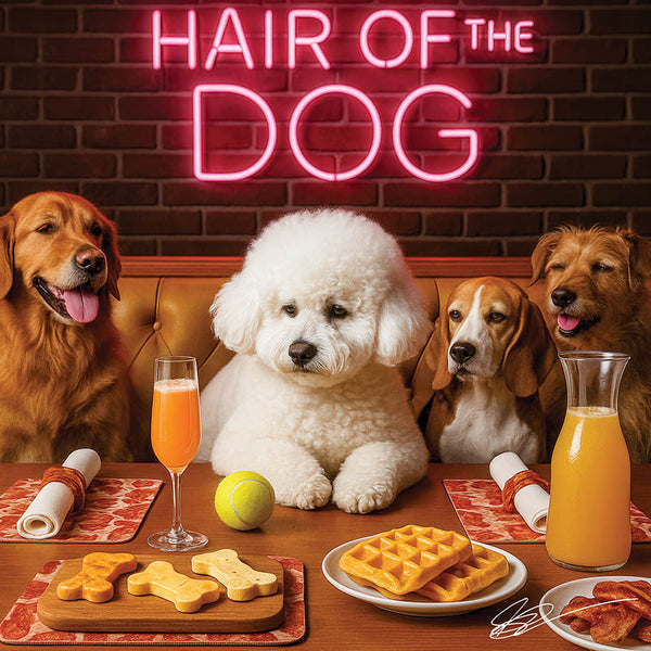 Hair of the Dog Bichon Frise 006 Ruff & Ready Funny Canine Art neon lights, bacon-woven flair, and egg murals