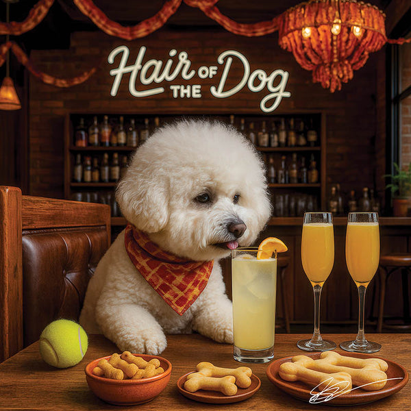 Hair of the Dog Bichon Frise 019 Ruff & Ready Funny Canine Art neon lights, bacon-woven flair, and egg murals