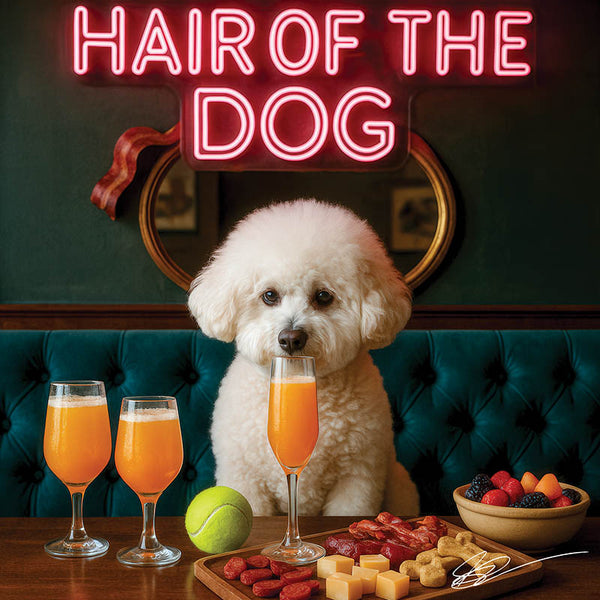 Hair of the Dog Bichon Frise 020 Ruff & Ready Funny Canine Art neon lights, bacon-woven flair, and egg murals