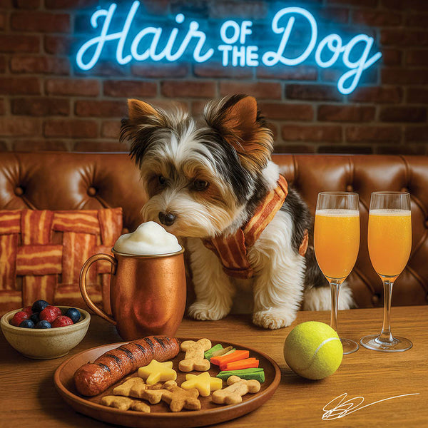 Hair of the Dog Biewer Terrier 012 Ruff & Ready Funny Canine Art neon lights, bacon-woven flair, and egg murals