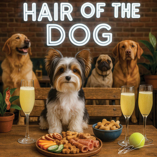 Hair of the Dog Biewer Terrier 017 Ruff & Ready Funny Canine Art neon lights, bacon-woven flair, and egg murals