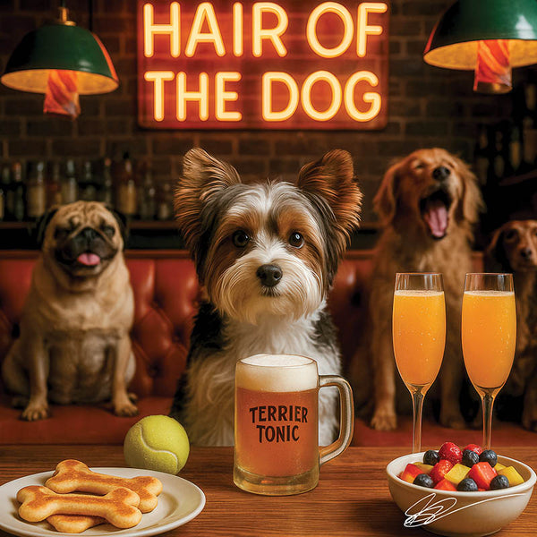 Hair of the Dog Biewer Terrier 019 Ruff & Ready Funny Canine Art neon lights, bacon-woven flair, and egg murals
